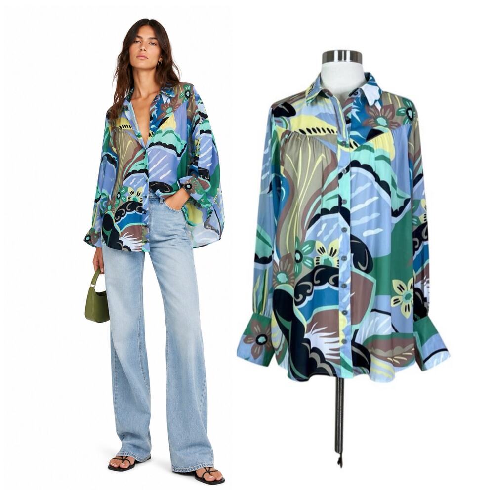 Entro | Abstract Blue Green Print Sheer Button Down Oversized Blouse Top Medium